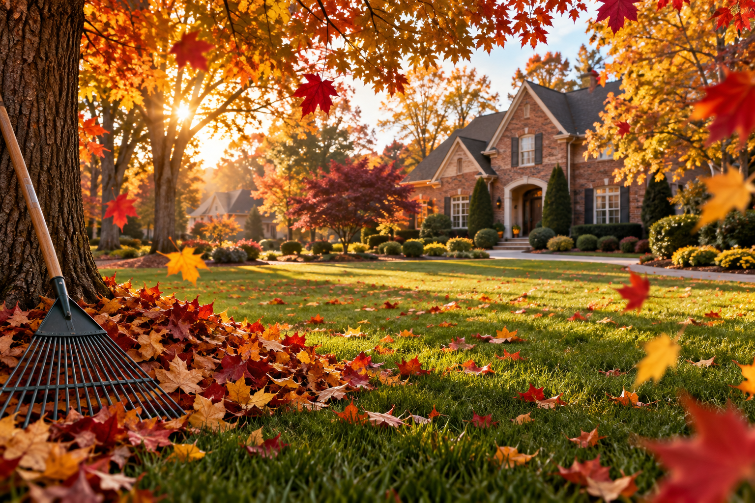 Illustrative autumn lawn with falling leaves